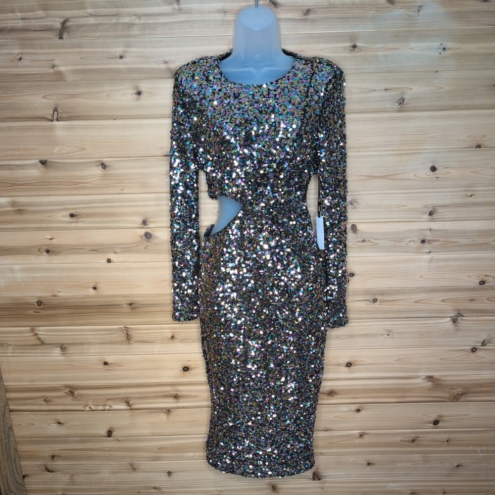 ASTR The Label‎ Sylvina Sequin Cutout Bodycon Dress Black Rainbow Midi Small